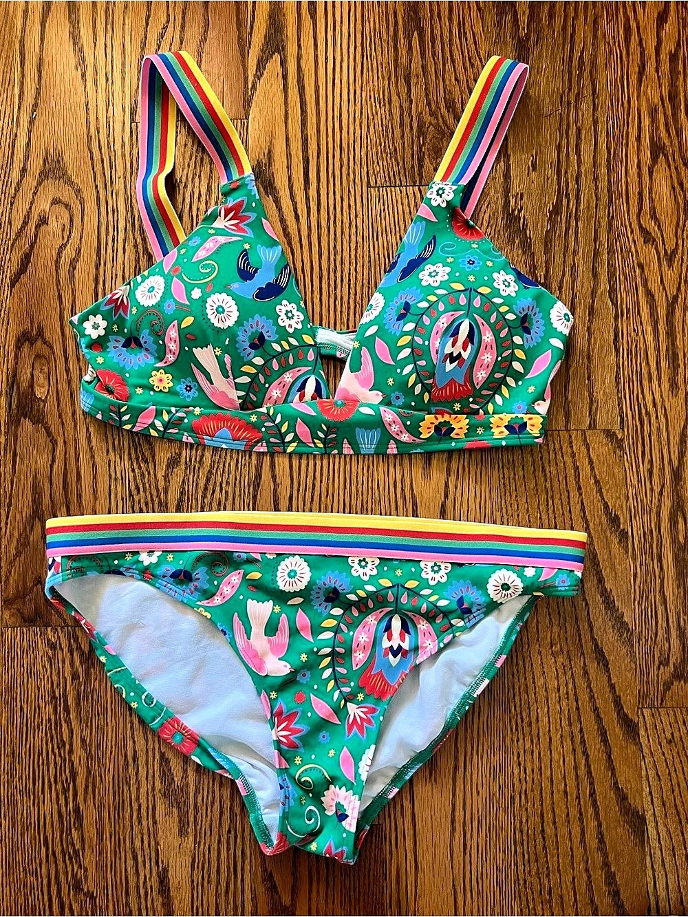 NWT- Boden Stripe Trim Bikini Top & Bottoms Floral Bikini Set Green US - Picture 3 of 7